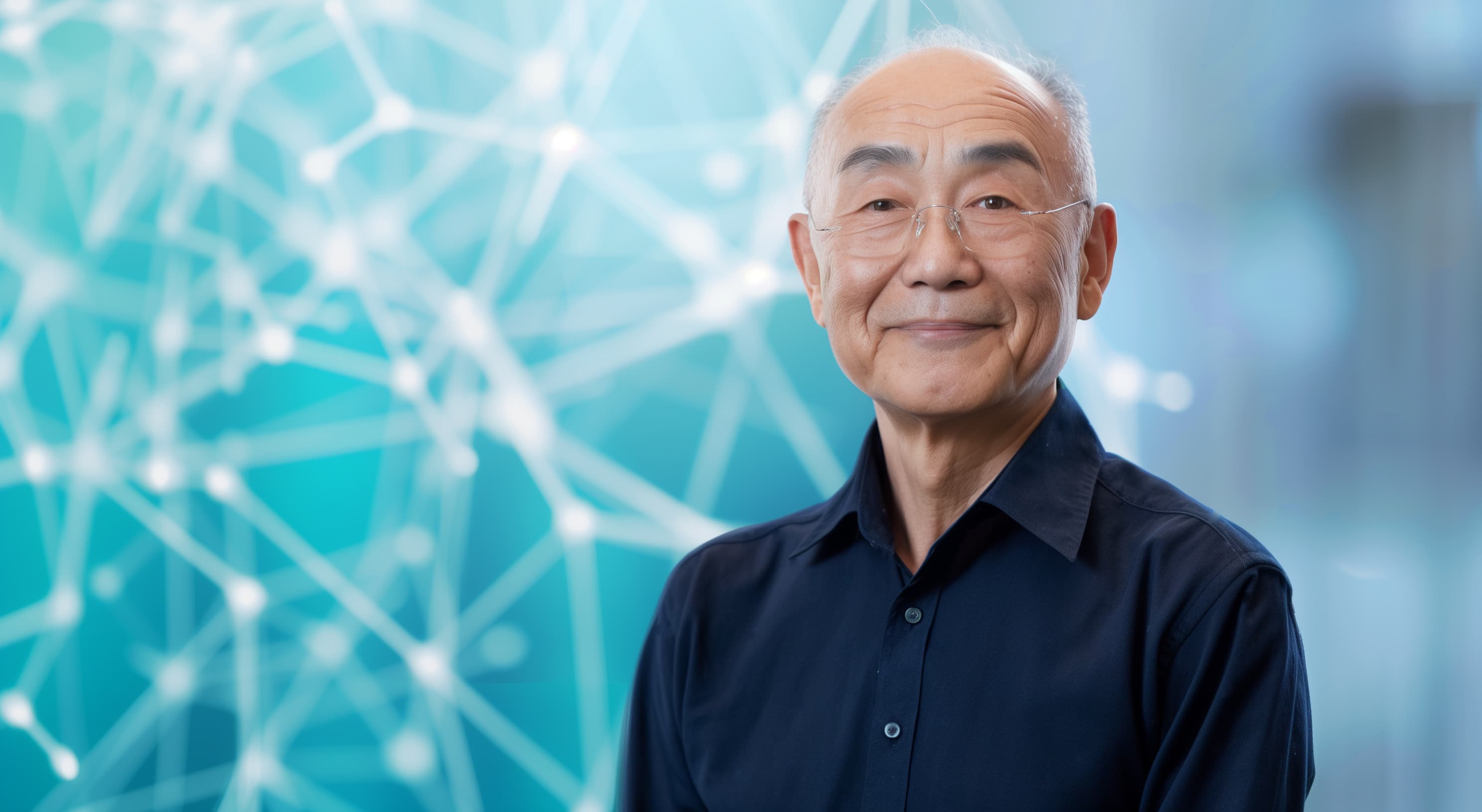 Older man smiling in a blue-lit setting